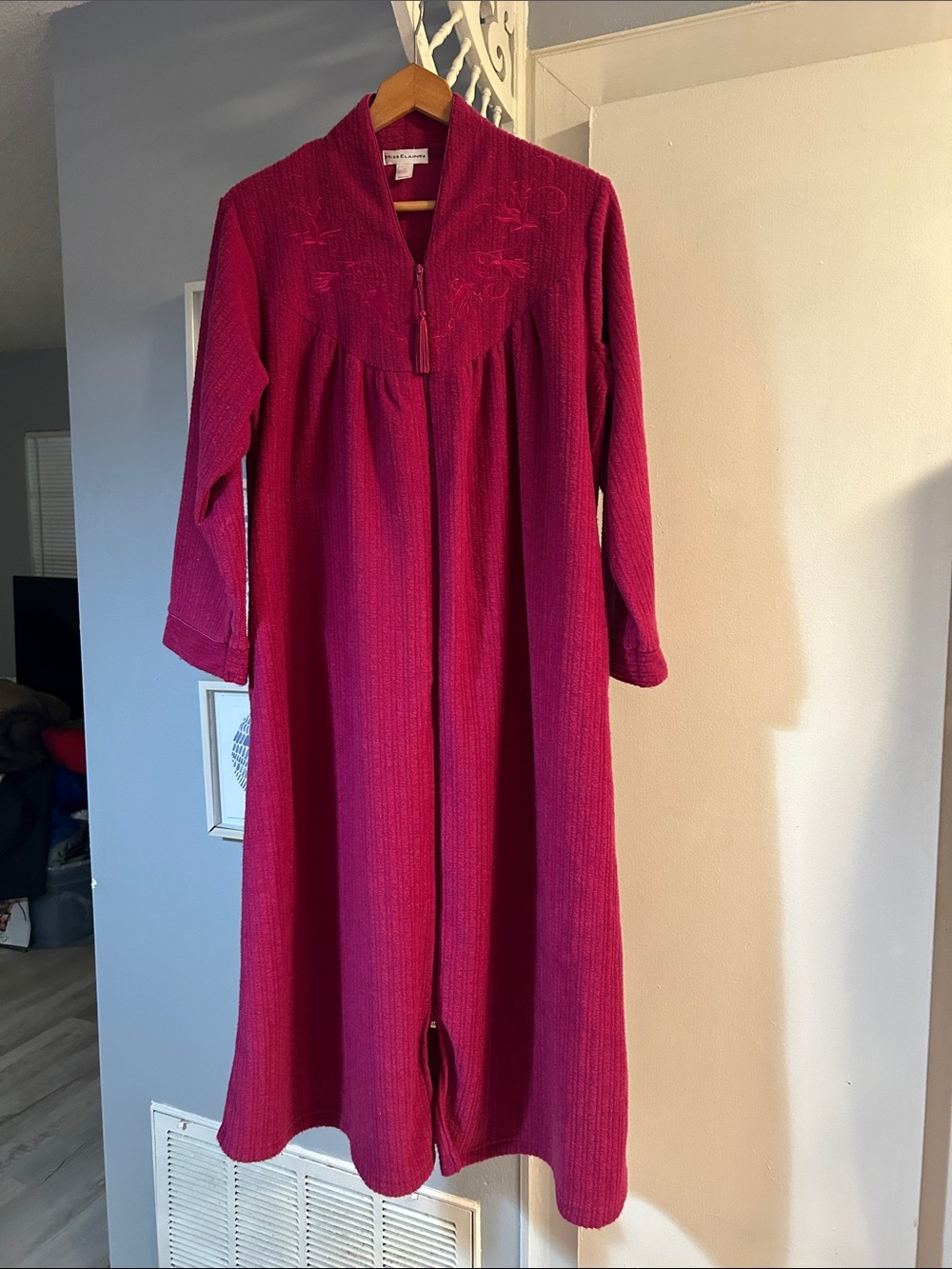 Miss Elaine Magenta Long Zip-Front Robe Housecoat with Embroidered Yoke